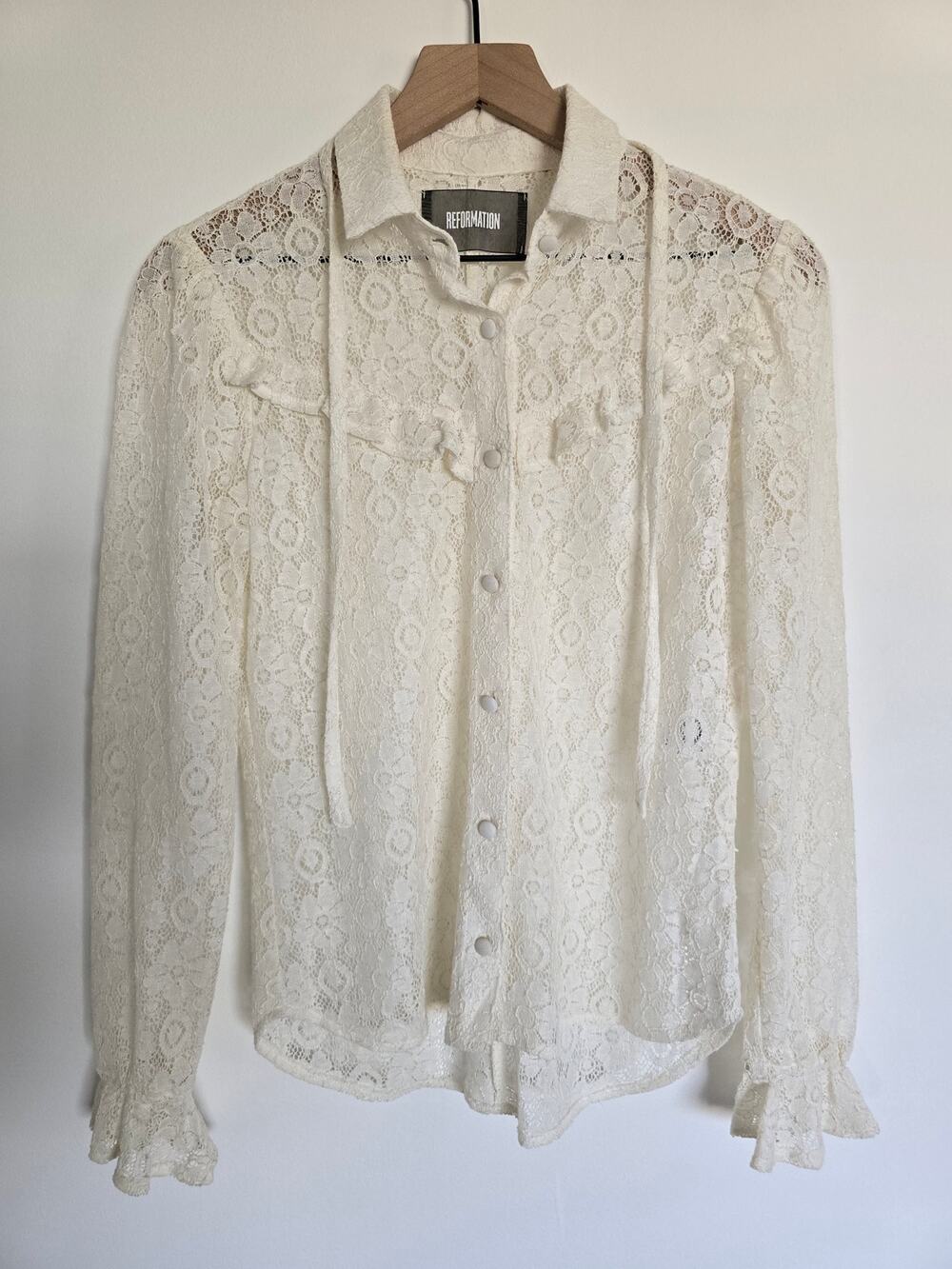Reformation White Sheer Lace Button Down Blouse Small Romantic Top